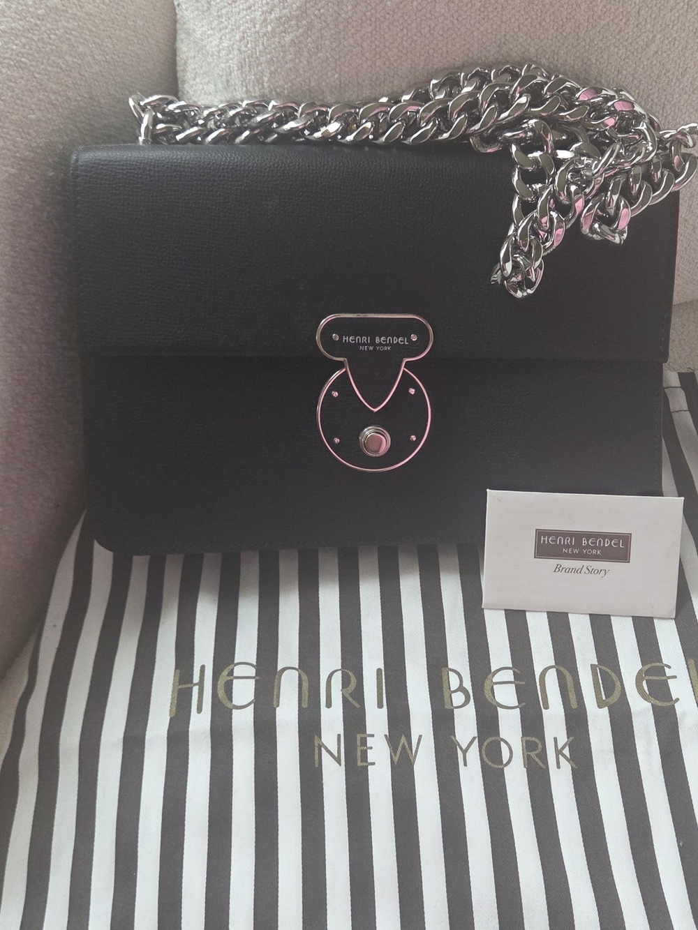 henri bendel Black Leather Chain Crossbody Bag with Silver Hardware